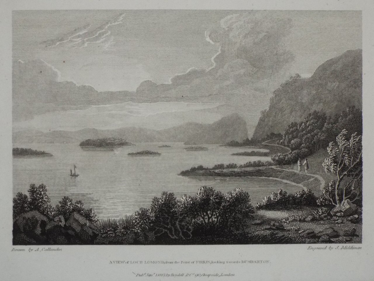 Print - A View of Loch Lomond, from the Point of Firkin, looking towards Dumbarton. - Middiman